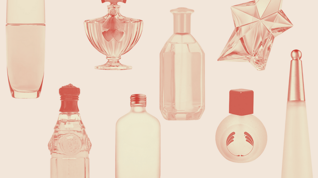 Collage of iconic 90s perfume bottles including Dior Dune, Thierry Mugler Angel, Issey Miyake L’Eau d’Issey, Calvin Klein CK One, Jean Paul Gaultier Classique, Clinique Happy, Armani Acqua di Giò, and Givenchy Organza